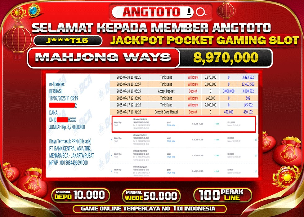 BUKTI PELUNASAN 18 JULY 2025 MENANG DI PERMAINAN MAHJONG WAYS TOTAL WD 8,9 JUTA