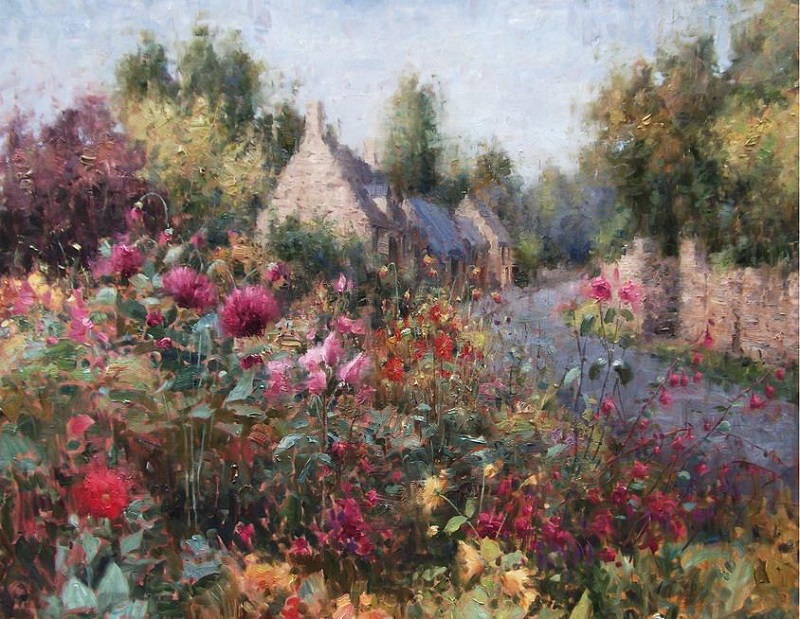 Impressionizm-E-J-Paprocki-Kartina-English-Garden-Chipping-Campden-36h48-dyuymov-holst-maslo