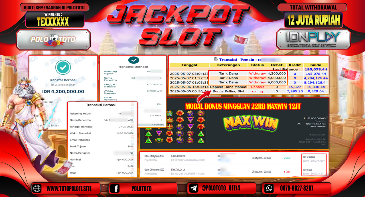POLOTOTO JACKPOT SLOT GATES OF OLYMPUS 1000 Rp.12.200.000,-
