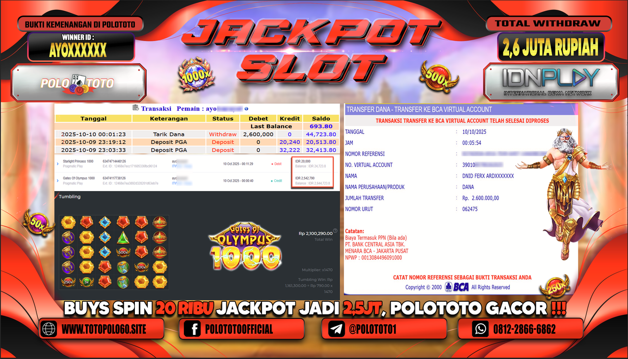 POLOTOTO JACKPOT SLOT GATES OF OLYMPUS 1000 Rp.2.600.000,- LUNAS