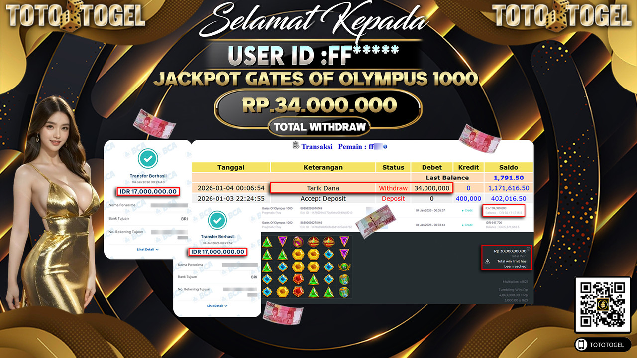 Bukti Pembayaran Jackpot Permainan Slot Gates Of Olympus 1000 ID:FF**** LUNAS
