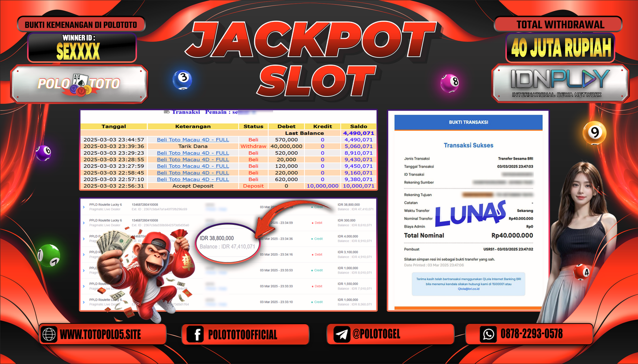 POLOTOTO JACKPOT SLOT PPLD ROULETTE LUCKY 6 Rp.40.000.000,-