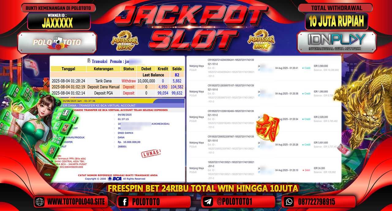POLOTOTO JACKPOT SLOT MAHJONG WAYS Rp.10.000.000,-LUNAS