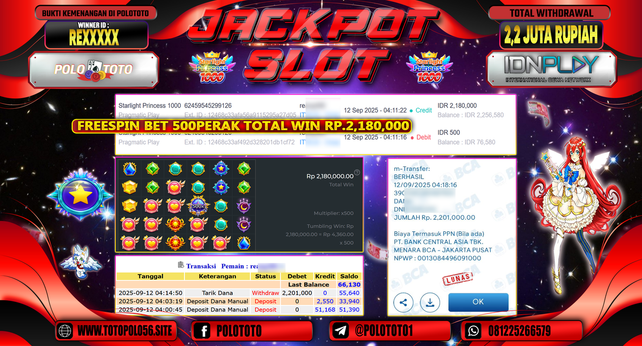 POLOTOTO JACKPOT SLOT STARLIGHT PRINCESS 1000 Rp.2.201.000,-