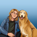 Digital art potrait of a young white person with shoulder length blonde hair, kneeling next to a golden retriever, much of the dog's yellow fur turned to white on her face and chest