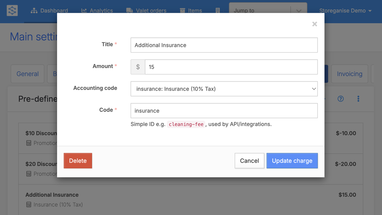 Enhanced custom charges with code and accounting code support