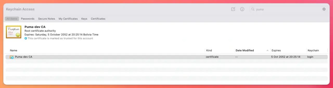 Puma dev CA in the Keychain Access