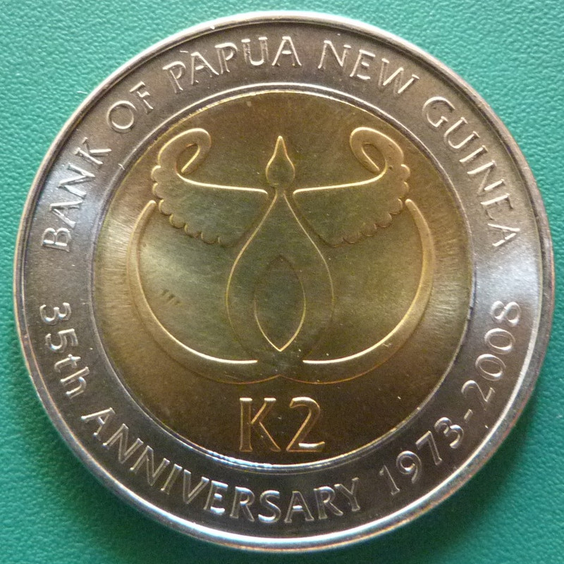 2 Kina. Papúa Nueva Guinea (2008) 35 Aniversario del Banco Central PNG-2-Kina-2008-35-Aniversario-Banco-Central-rev