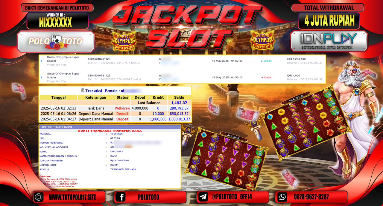 POLOTOTO JACKPOT SLOT GATES OF OLYMPUS SUPER SCATTER Rp.4.000.000,-