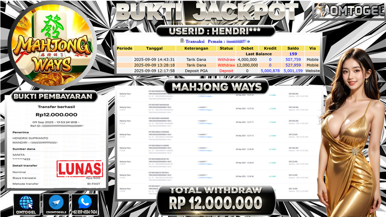 OMTOGEL JACKPOT PGSOFT MAHJONG WAYS 12 JUTA DI BAYAR LUNAS ,-