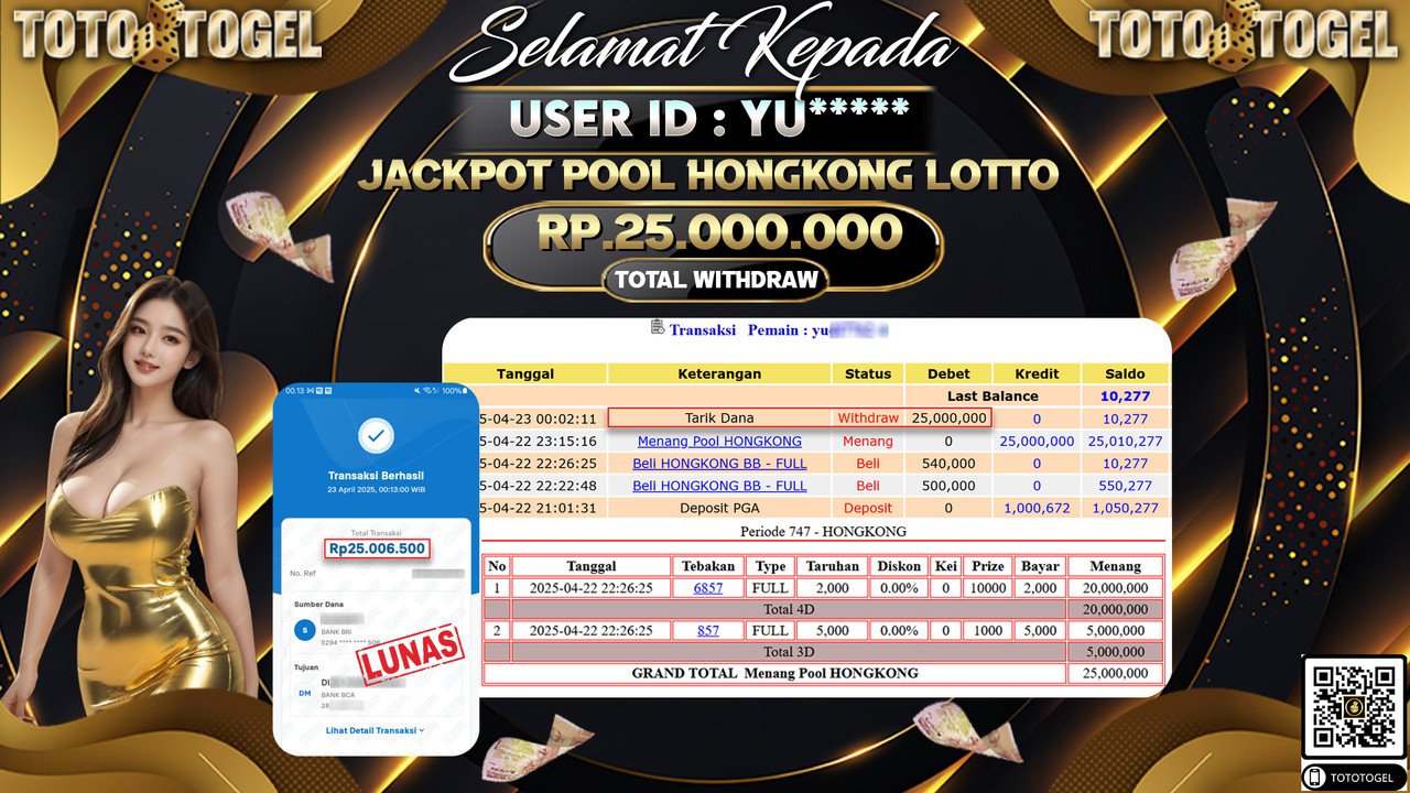 Bukti Pembayaran Jackpot  Permainan Togel Pool Hongkong Lotto ID:YU***** LUNAS