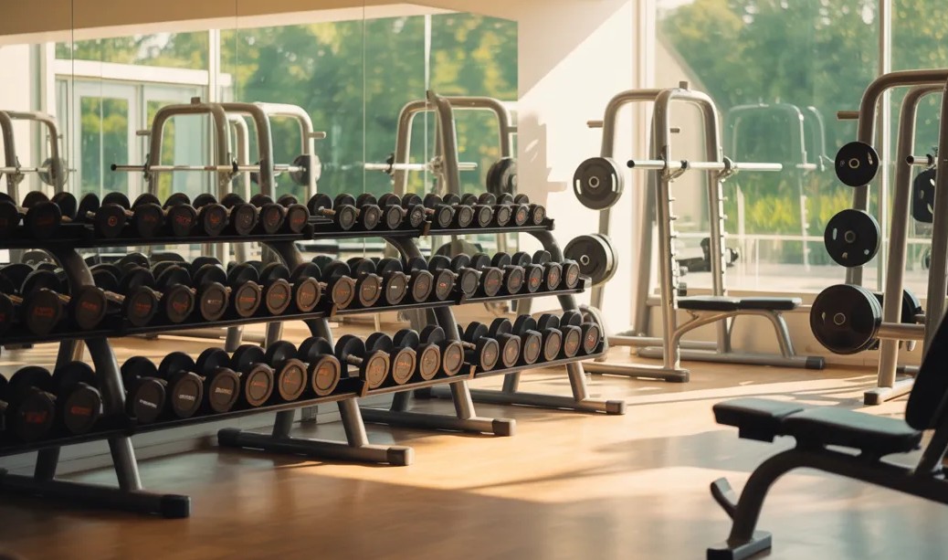 Блины для штанги и гантелей на стойках в зале ТФХ