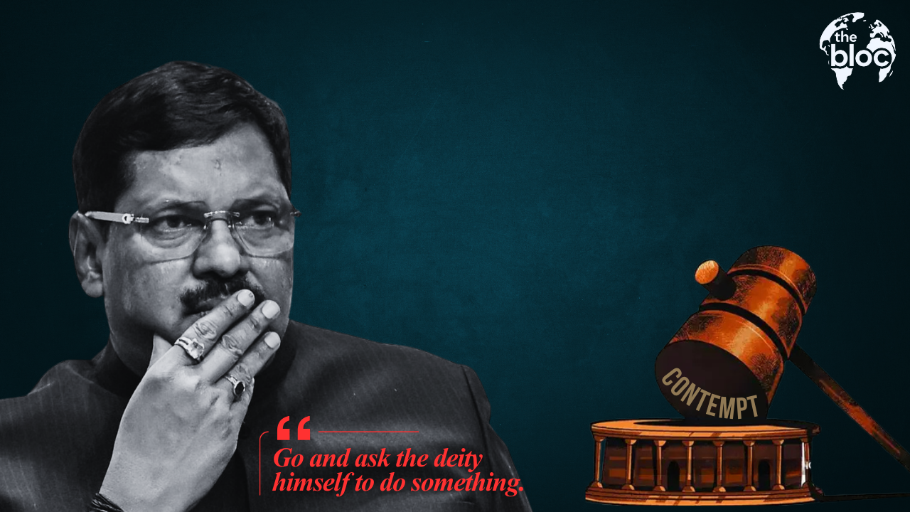 Stylized image with scales of justice and text Between Faith and Free Speech