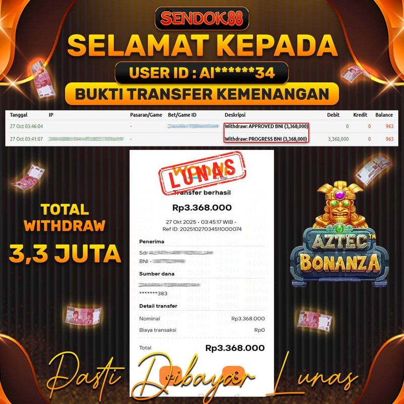 SENDOK88 JEPE! AZTEC BONANZA Rp 3.368.000,- LUNAS!