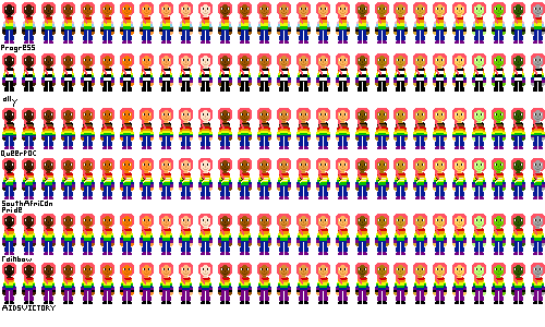 a row of people with pride flag shirts and dyed red hair