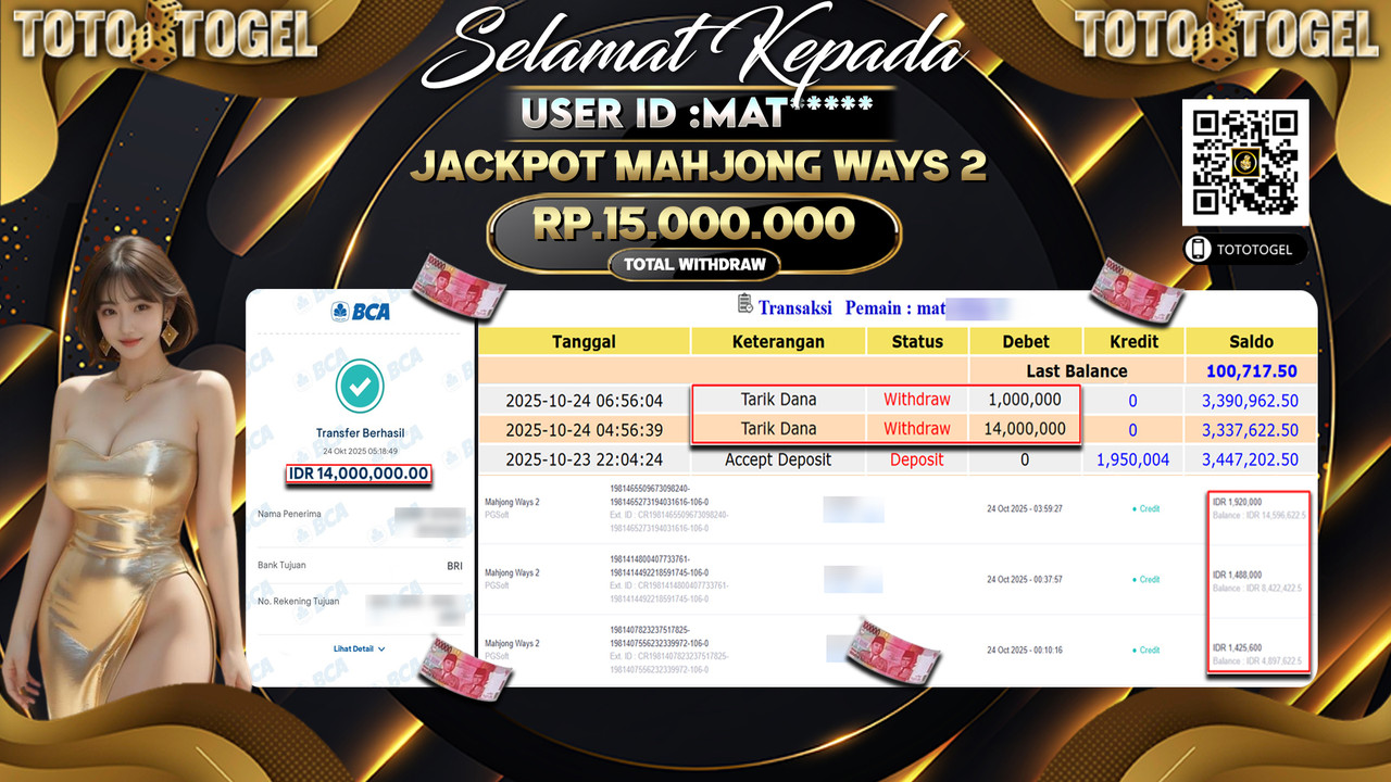 Bukti Pembayaran Jackpot Permainan Slot Mahjong Ways 2 ID:MAT**** LUNAS