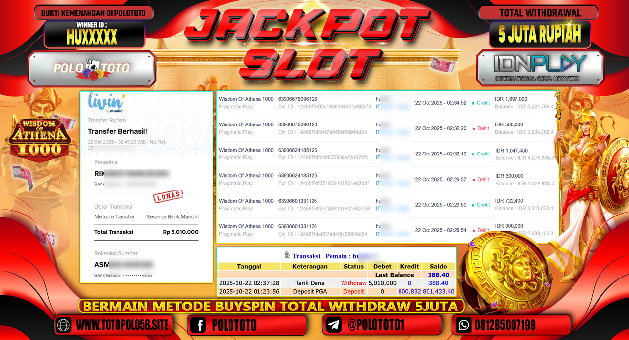 POLOTOTO JACKPOT SLOT WISDOM OF ATHENA 1000 Rp.9.300.000,- LUNAS