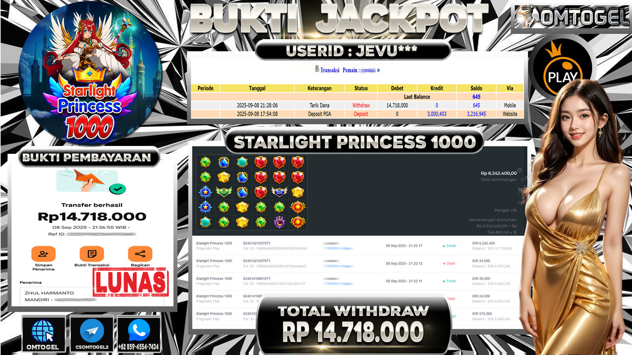 OMTOGEL JACKPOT PRAGMATIC PLAY STARLIGHT PRINCESS 1000 14 JUTA DI BAYAR LUNAS ,-