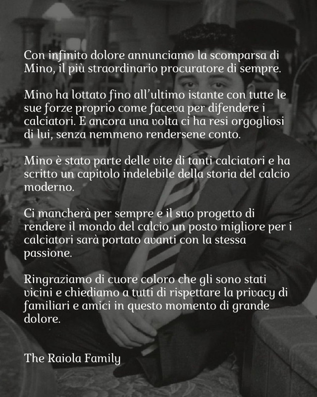 Annuncio della morte di Mino Raiola da parte della famiglia su Twitter