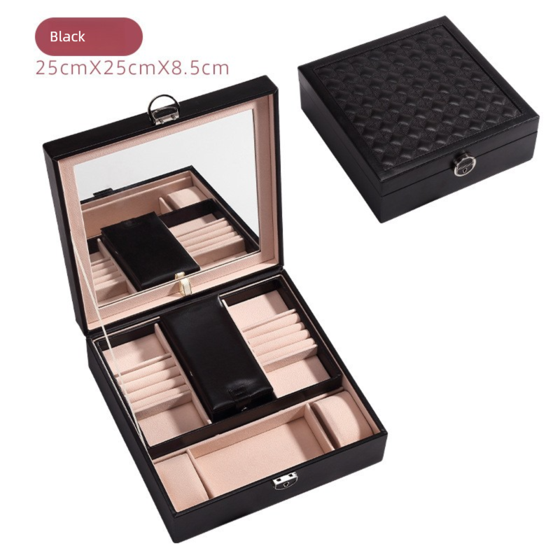 Black Large PU Leather Jewelry Box with Mirror & Lock - Velvet Lined Organizer for Rings, Necklaces & Watches