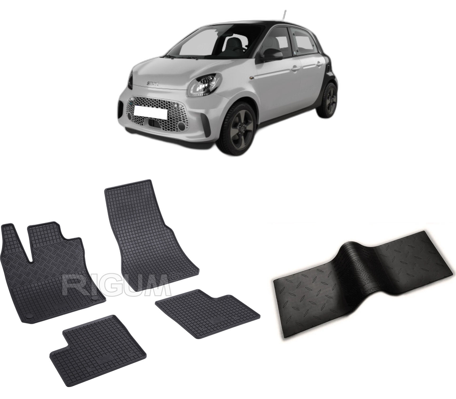 Set covorase auto SMART FORFOUR EQ din 2017-PREZENT, cu covoras tunel median, CAROSERIE HATCHBACK, Presuri cauciuc 100%, compatibil cu autoturismul SMART FORFOUR EQ, Rigum