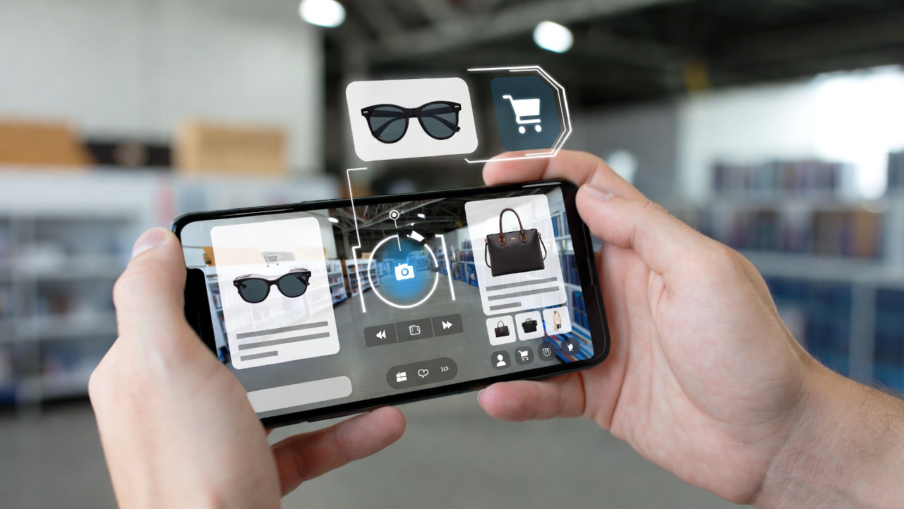 Augmented reality shopping showing metaverse retail applications on mobile device
