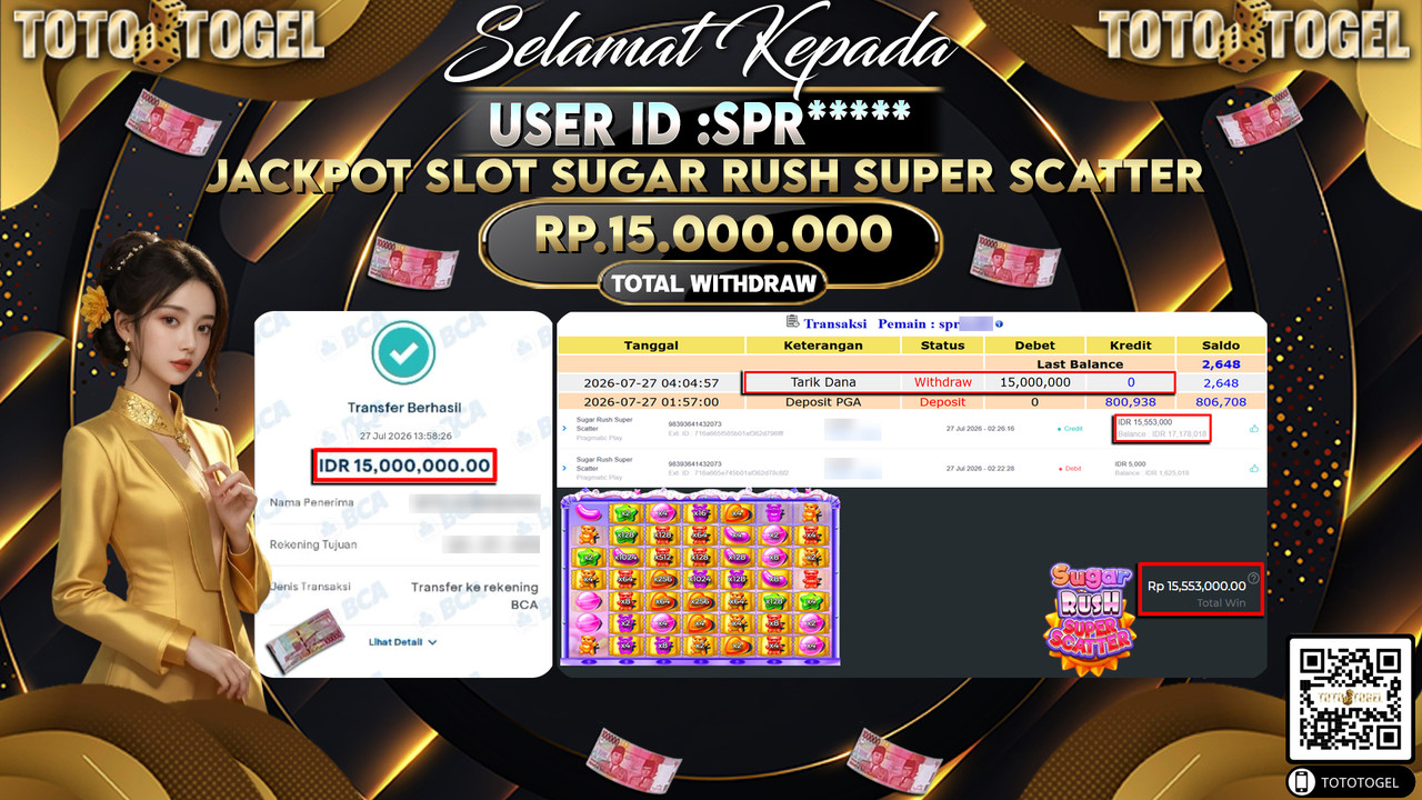 Bukti Pembayaran Jackpot SLOT SUGAR RUSH SUPER SCATTER ID:SPR****LUNAS