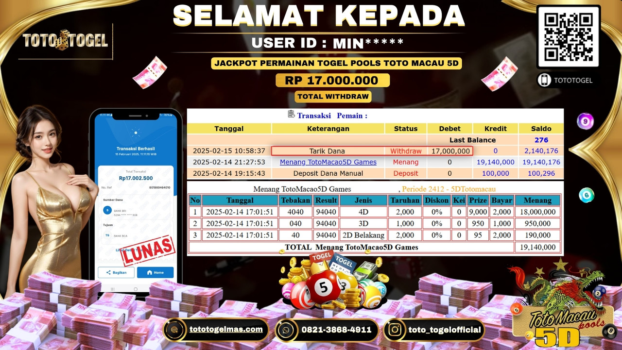 Bukti Pembayaran Jackpot  Permainan Togel Pools Toto Macau 5D  ID:MIN***** LUNAS