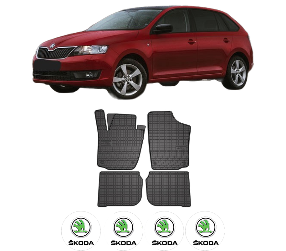 Set covorase presuri SKODA RAPID Spaceback (NH1) din 2012-2019, auto, din cauciuc thermoplastic, 4 Stickere auto cu SKODA