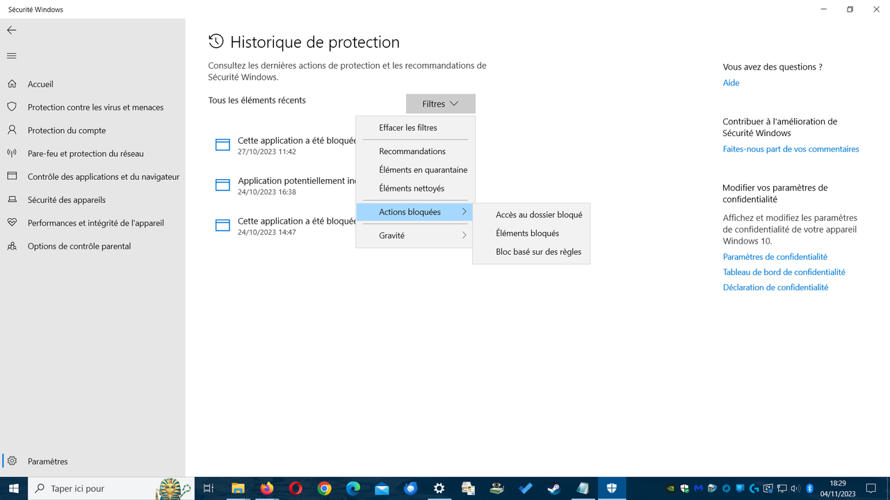 historique de protection actions bloquees