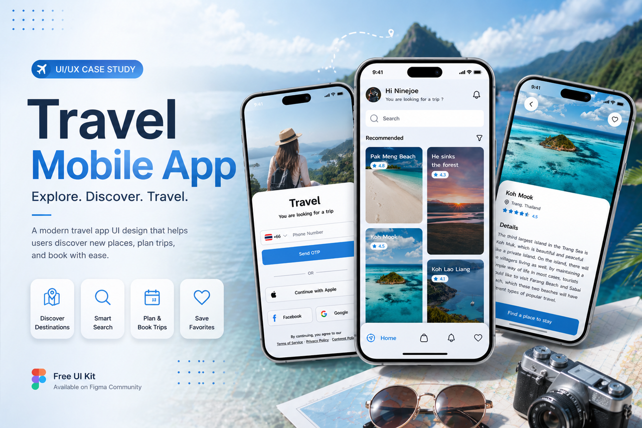 Travel Mobile App – UX/UI Design | Free UI Kit