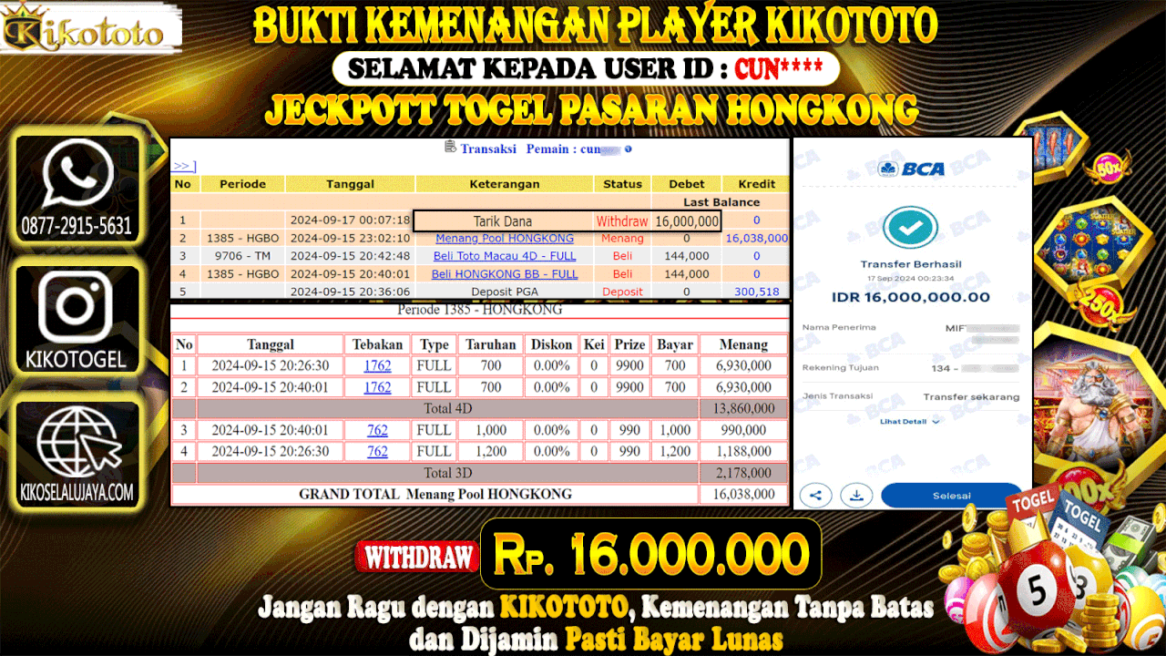 JECKPOTT !!! MENANG BELASAN JUTA DI TOGEL PASARAN HONGKONG SEBESAR Rp 16,000,000 LANGSUNG DI BAYAR KIKOTOTO !!!!