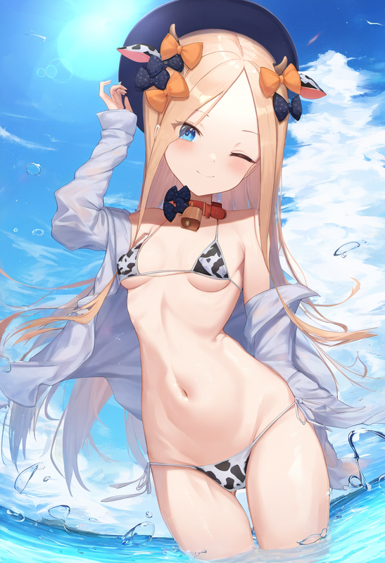 1girl, abigail williams (fate), small breasts, lighting, {{shiny skin}}, cow bik s-390287216