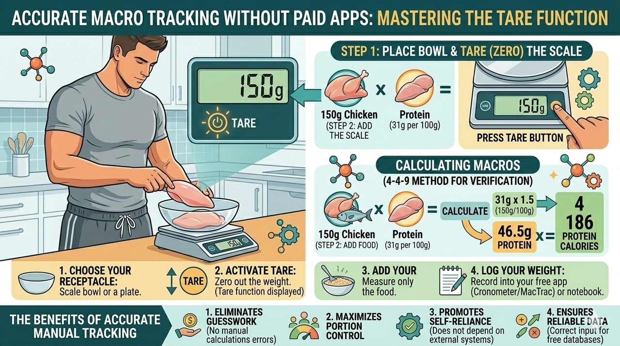 Person using food scale to weigh chicken breast with tare function displayed for accurate macro tracking without paid apps for how to track macros without using a paid app