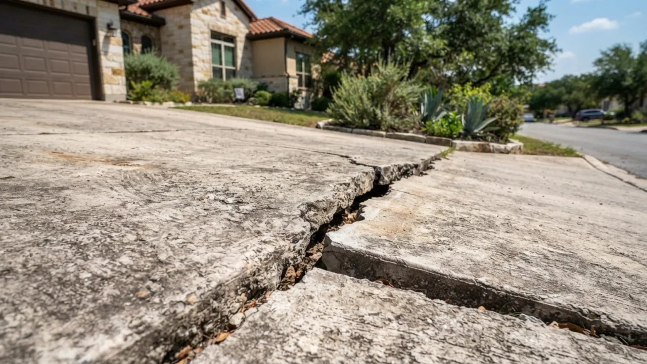 Structural crack with vertical displacement in San Antonio concrete driveway