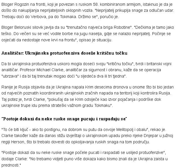  Američki general: Ukrajinci su probili glavnu liniju ruske obrane Index Vijesti 20:20, 25. kolovoza 2023. Screenshot-11440