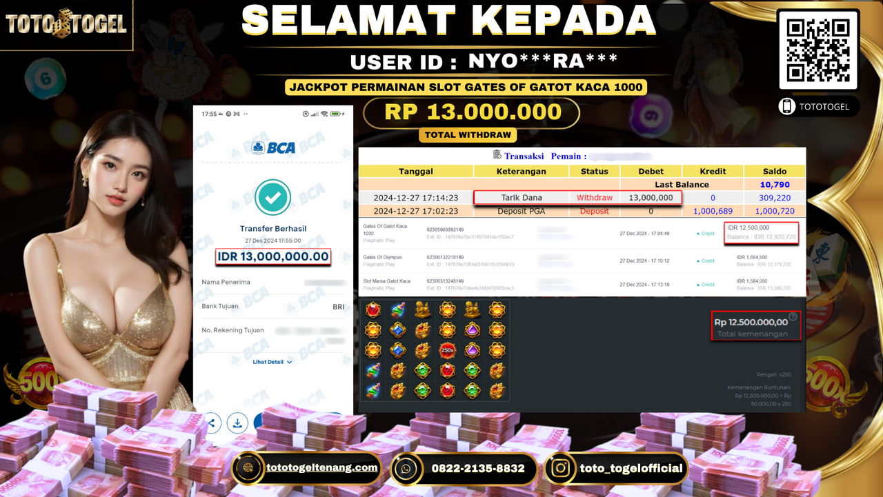 Bukti Pembayaran Jackpot  Permainan Slot Gates Of Gatot Kaca 1000 : NYO***RA*** LUNAS