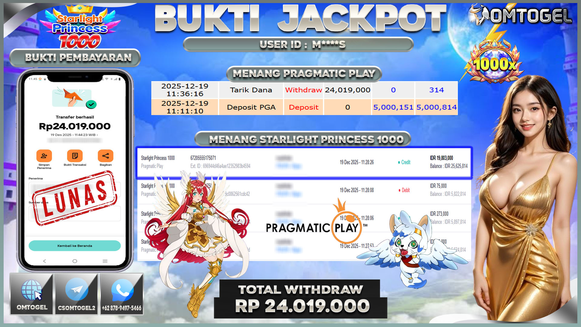 OMTOGEL JACKPOT PRAGMATIC PLAY STARLIGHT PRINCESS 1000 ,24 JUTA DI BAYAR LUNAS ,-