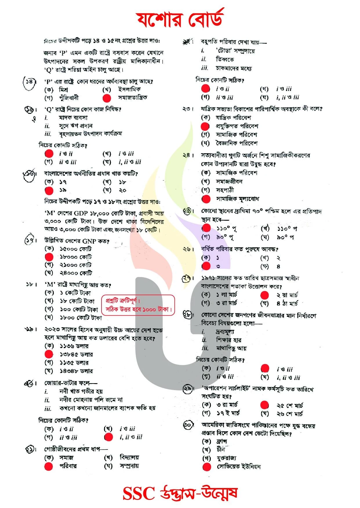 Bangladesh and Global Studies MCQ Question Solution 2026 Jessore Board