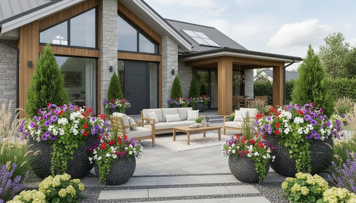 Вазоны и клумбы для зонирования от террасы к барбекю