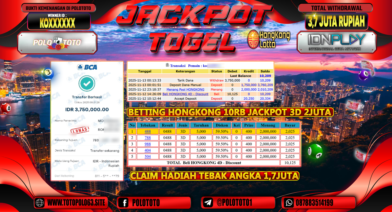 POLOTOTO JACKPOT TOGEL MENANG HONGKONG LOTTO Rp.3.700.000,- LUNAS