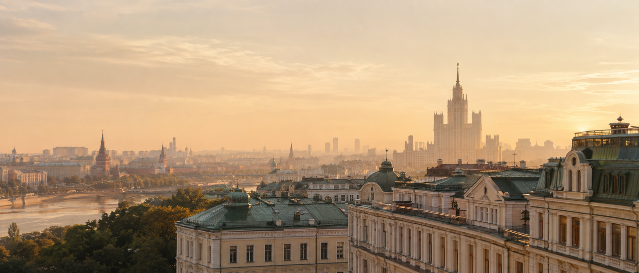 Панорама Москвы на рассвете — сталинская высотка и исторический центр
