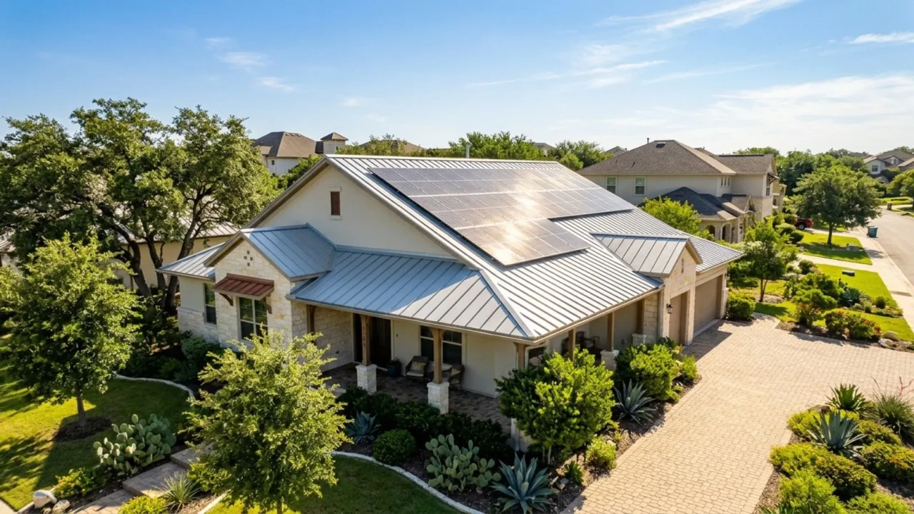 San Antonio home with metal roof and solar panels complete installation