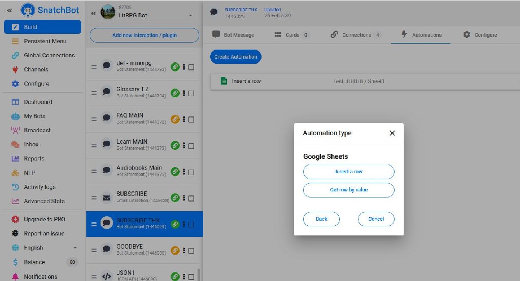 INSERT A ROW to google sheets with SnatchBot