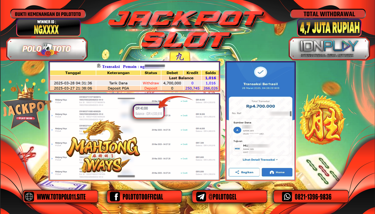 POLOTOTO JACKPOT SLOT MAHJONG WAYS  Rp.4.700.000,-