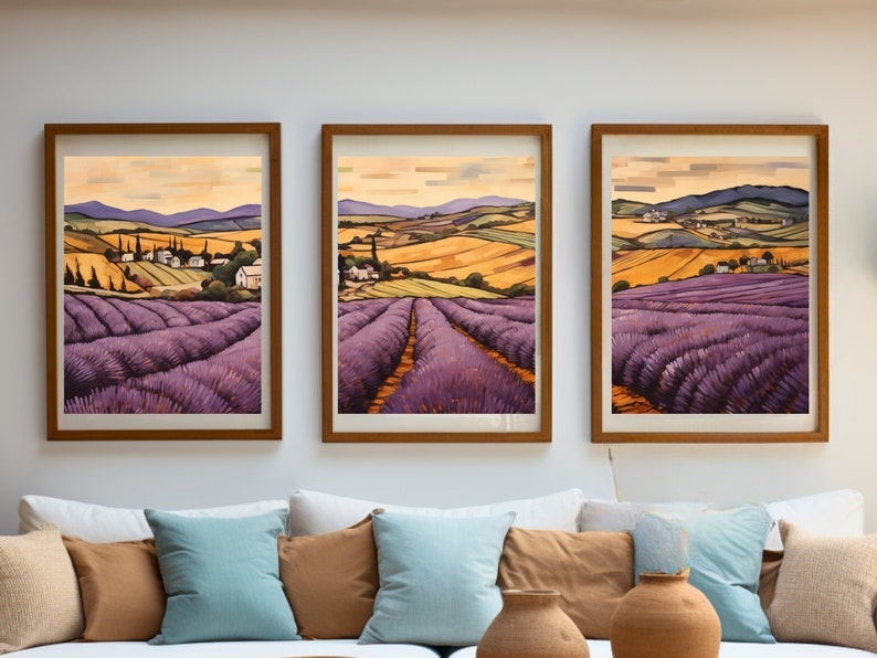 Provence Lavender Fields Triptych Set of 3 French Countryside Panorama Purple Bloom Summer Aroma