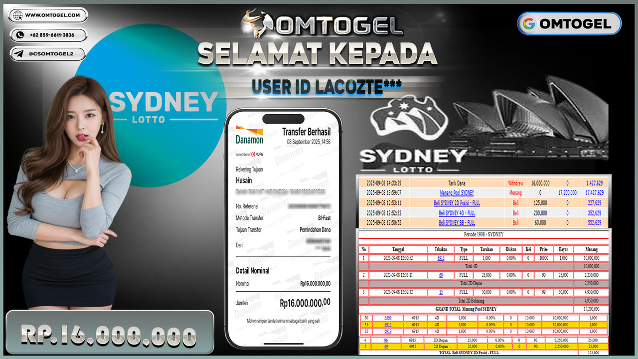 OMTOGEL JACKPOT SYDNEY 4D 3D 2D 16 JUTA DI BAYAR LUNAS ,-