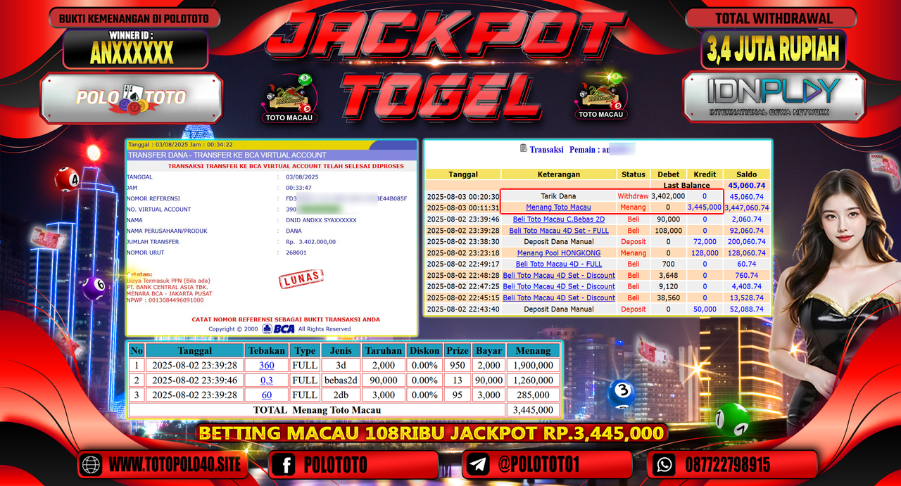 POLOTOTO JACKPOT TOGEL TOTO MACAU Rp.3.400.000,- LUNAS