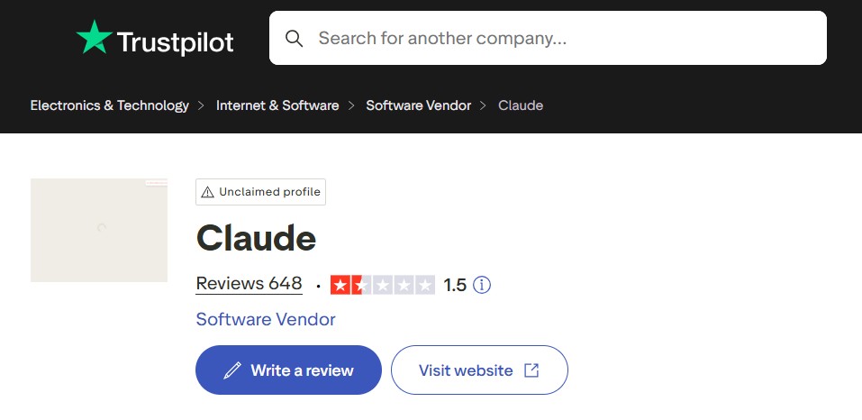 Claude Trustpilot Rating 1.5 Stars