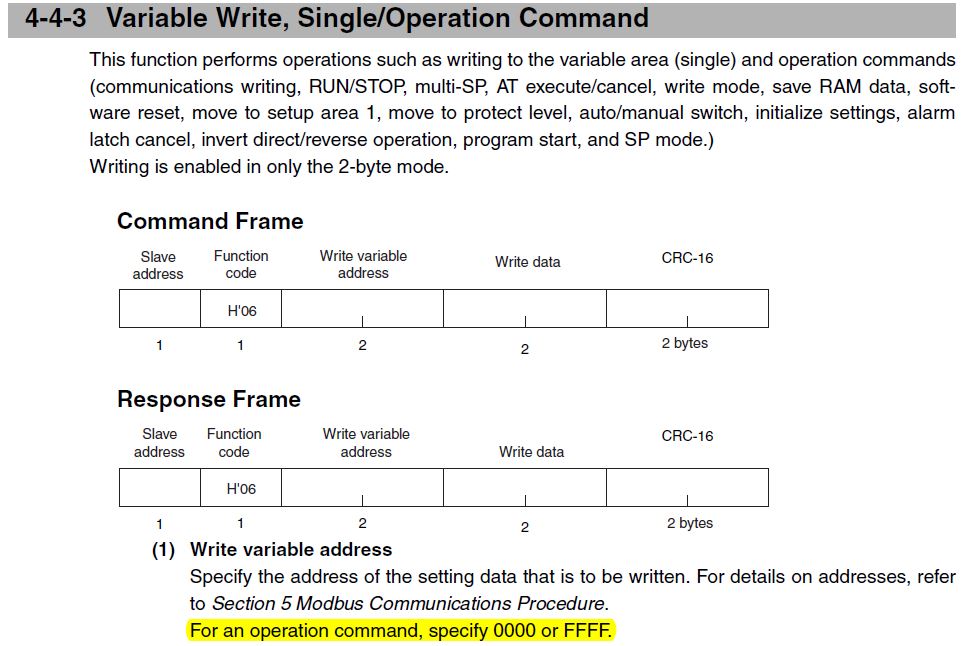 Write Variable example command and response, operation command 0